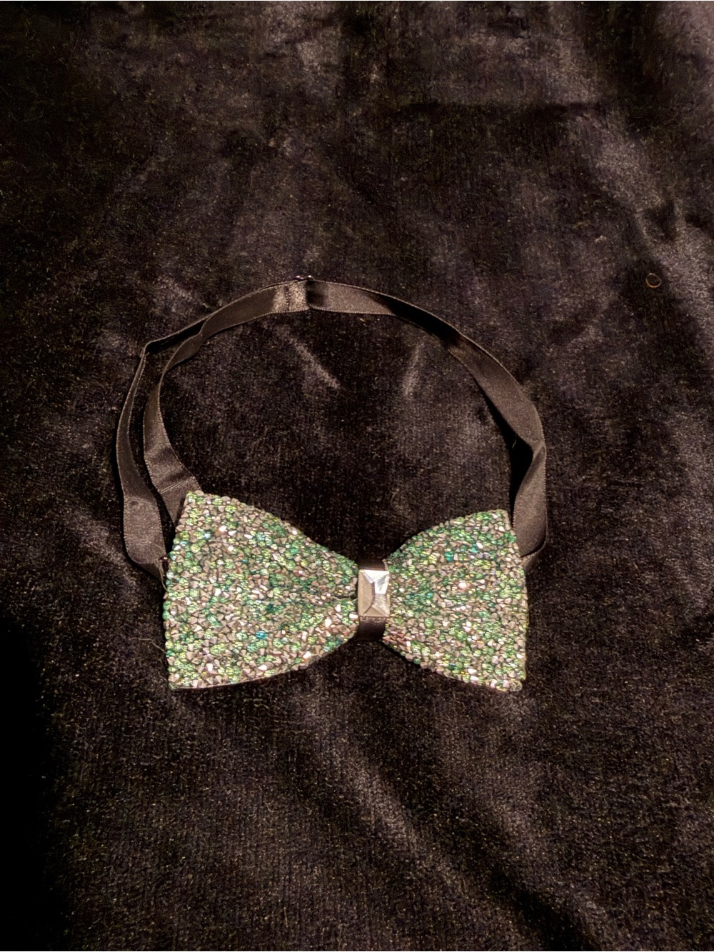 Sparkling Green Crystal Bow Tie with Black Satin Strap